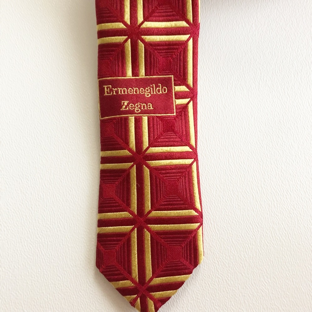 Ermenegildo Zegna Woven Silk Necktie TIE Red With Gold Squares Made in Italy - Picture 5 of 8